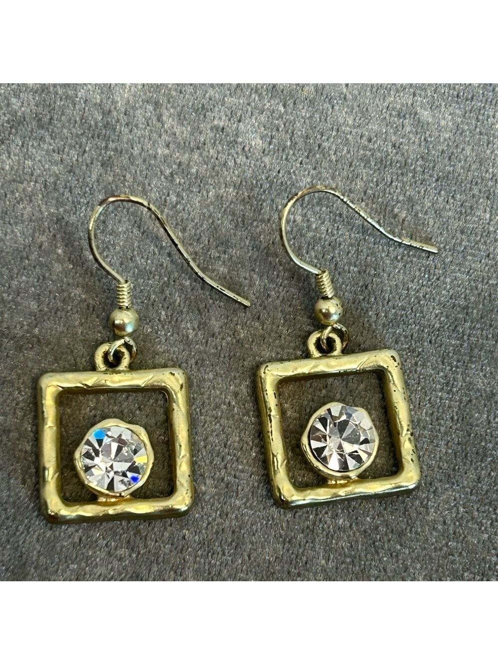 Hammered gold tone square crystal rhinestone cubic zirconia dangling earrings